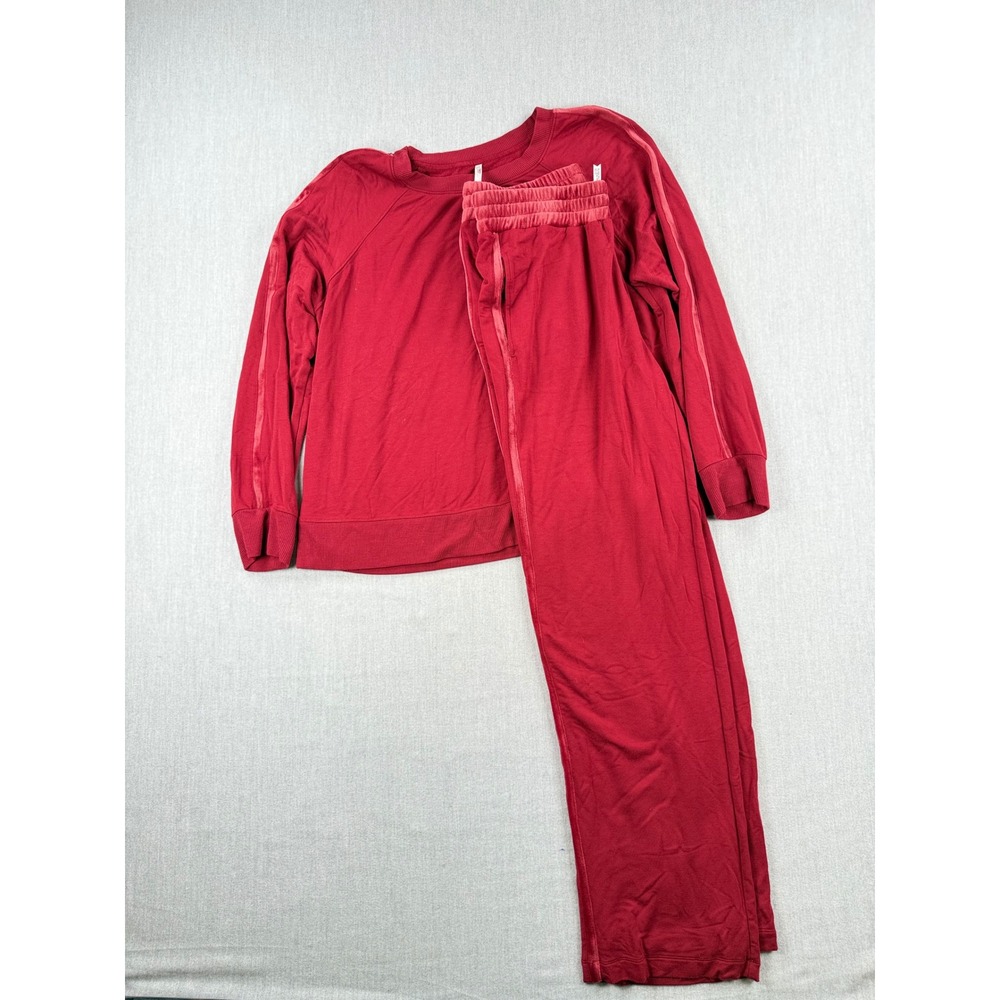 Soma Red Lounge Set Raglan Sweatshirt and Wide Leg Pants Velvet Stripe Detail